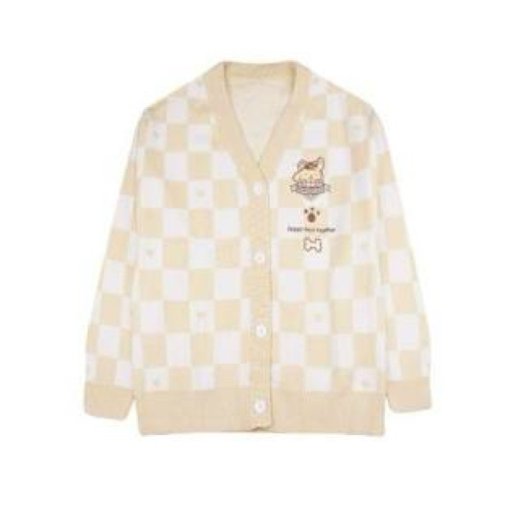POMPOMPURIN YELLOW CHECKER CARDIGAN SWEATER